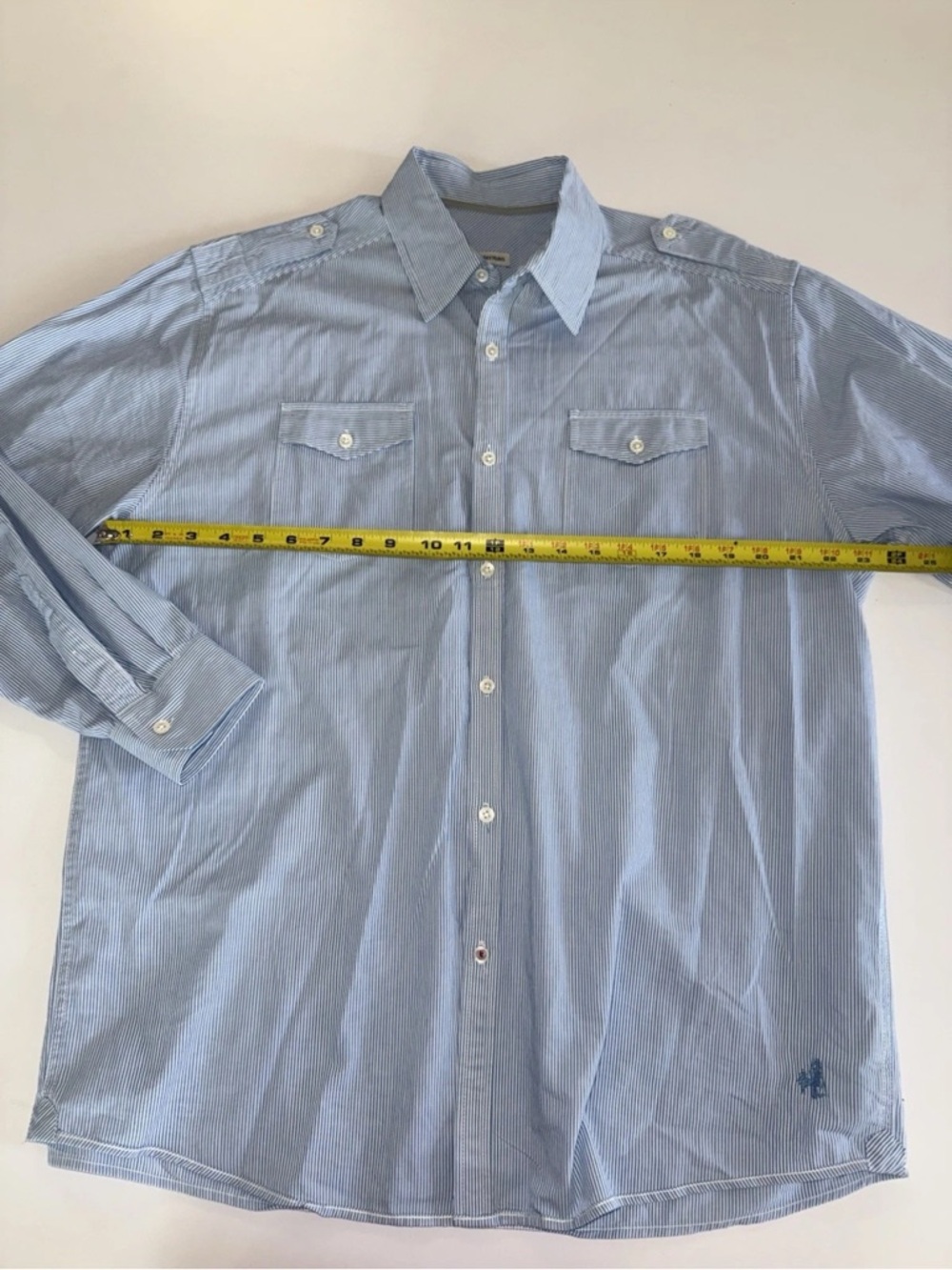J. Peterman Mens Blue White Striped Epaulette Safari Button Down Shirt Large